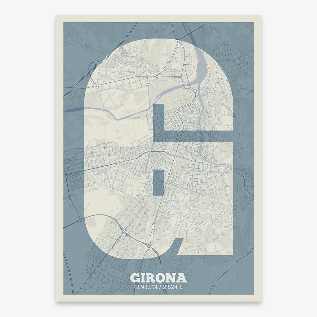 Decorative print of Girona composed with letters in a heavy geometric font printed on bluish gray and an off-white background