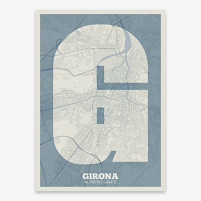 Decorative print of Girona composed with letters in a heavy geometric font printed on bluish gray and an off-white background