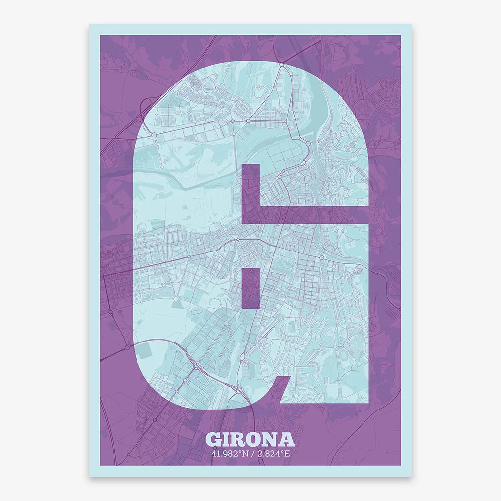Decorative print of Girona composed with letters in a heavy geometric font printed on purple and light blue