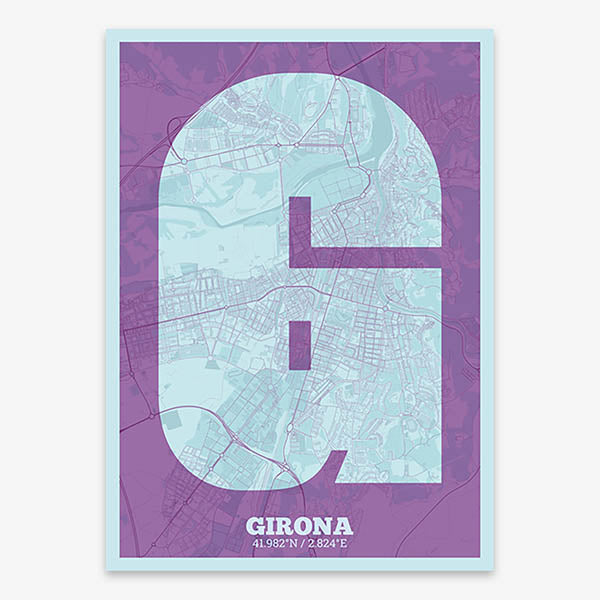 Decorative print of Girona composed with letters in a heavy geometric font printed on purple and light blue