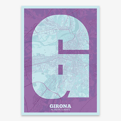 Decorative print of Girona composed with letters in a heavy geometric font printed on purple and light blue