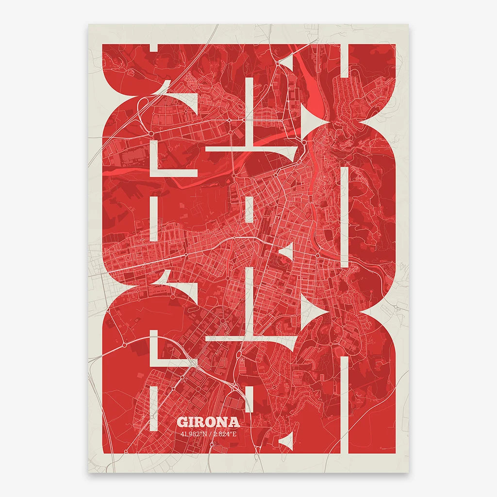 Poster of Girona composed with letters from its abbreviation or its airport IATA code printed on red and an off-white background