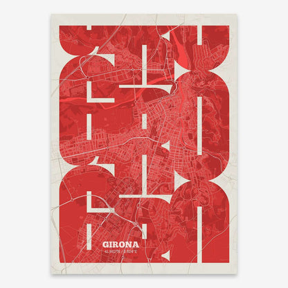 The map of Girona composed with letters from its name or IATA code printed on red and an off-white background