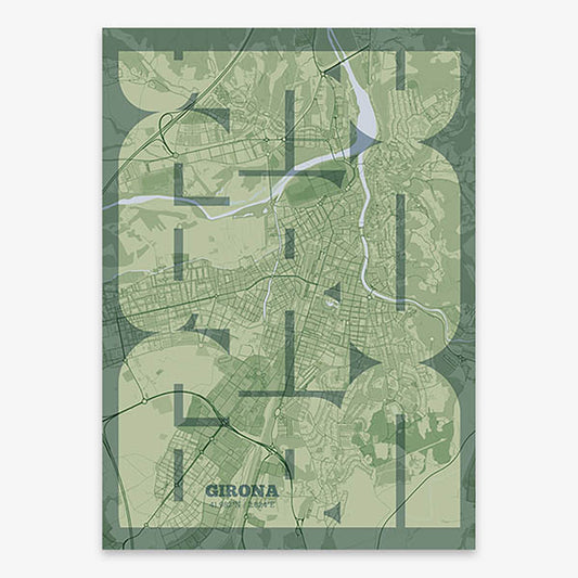 Poster of Girona composed with letters from its abbreviation or its airport IATA code printed on two green tones