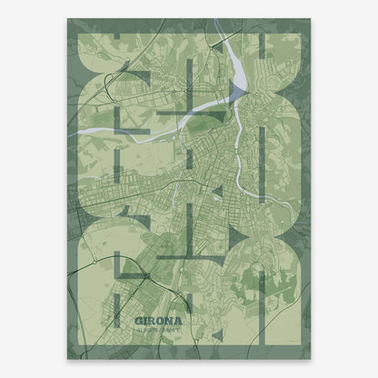 The map of Girona composed with letters from its name or IATA code printed on two green tones