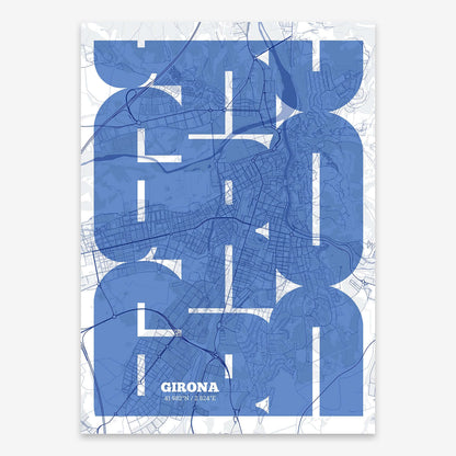 The map of Girona composed with letters from its name or IATA code printed on navy blue and white