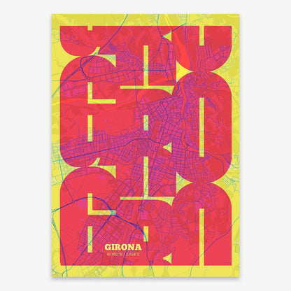 The map of Girona composed with letters from its name or IATA code printed on yellow and fuchsia
