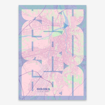 The map of Girona composed with letters from its name or IATA code printed on pink and light blue