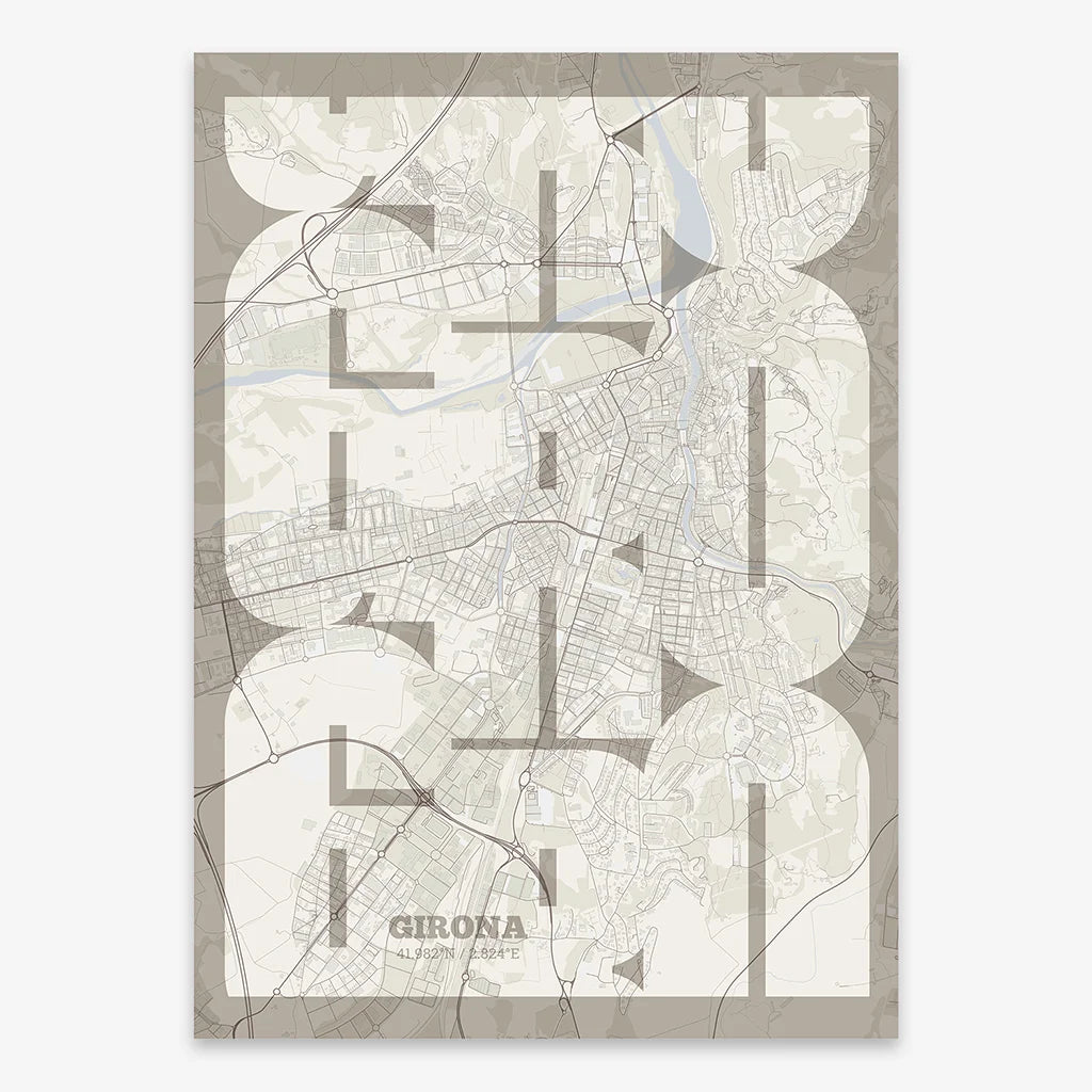 Poster of Girona composed with letters from its abbreviation or its airport IATA code printed on light brown and an off-white background