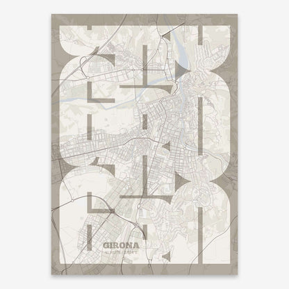 The map of Girona composed with letters from its name or IATA code printed on light brown and an off-white background