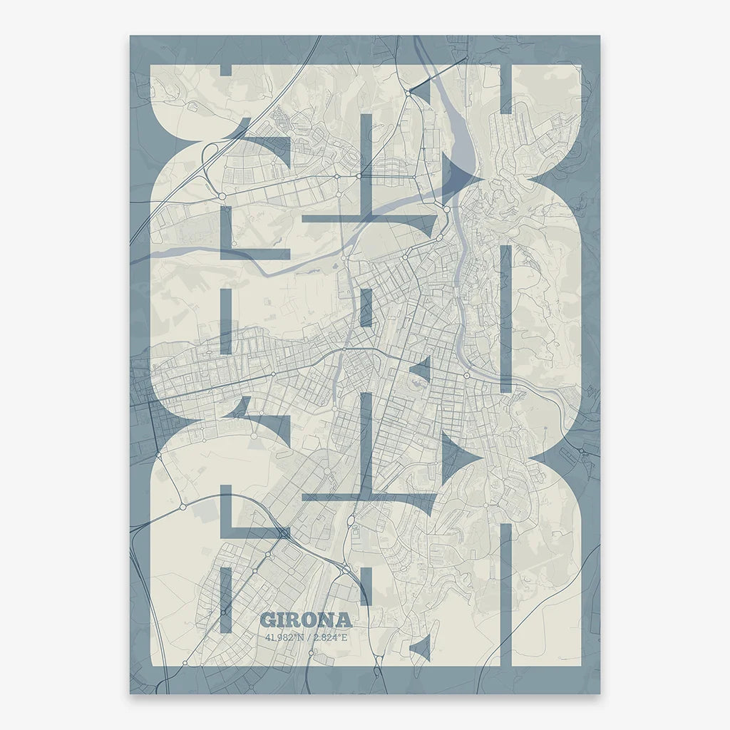 Poster of Girona composed with letters from its abbreviation or its airport IATA code printed on bluish gray and an off-white background