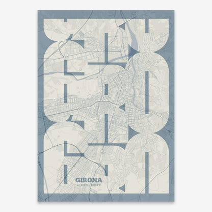 The map of Girona composed with letters from its name or IATA code printed on bluish gray and an off-white background