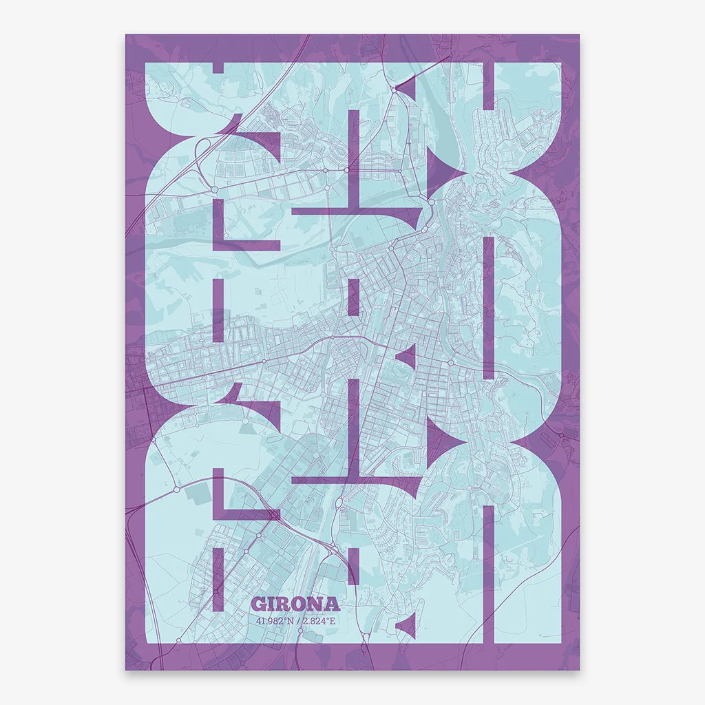 Poster of Girona composed with letters from its abbreviation or its airport IATA code printed on purple and light blue