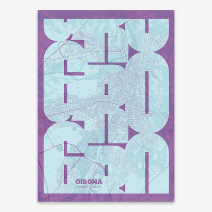 The map of Girona composed with letters from its name or IATA code printed on purple and light blue