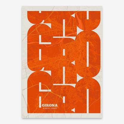 The map of Girona composed with letters from its name or IATA code printed on orange and an off-white background