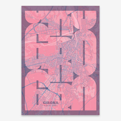 The map of Girona composed with letters from its name or IATA code printed on violet y pink background