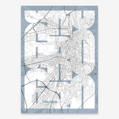 The map of Girona composed with letters from its name or IATA code printed on black and white