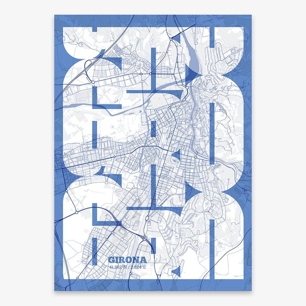 Poster of Girona composed with letters from its abbreviation or its airport IATA code printed on navy blue and white