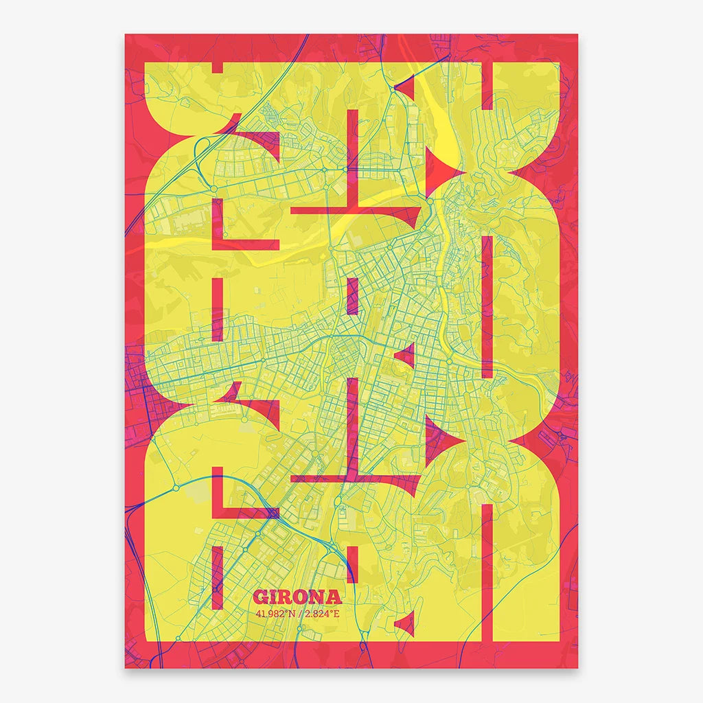 Poster of Girona composed with letters from its abbreviation or its airport IATA code printed on yellow and fuchsia