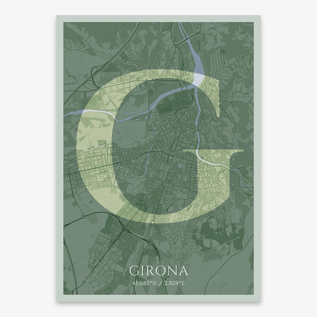 Decorative map of Girona composed with letters in serif font printed on two green tones