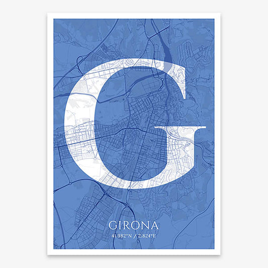 Decorative map of Girona composed with letters in serif font printed on navy blue and white
