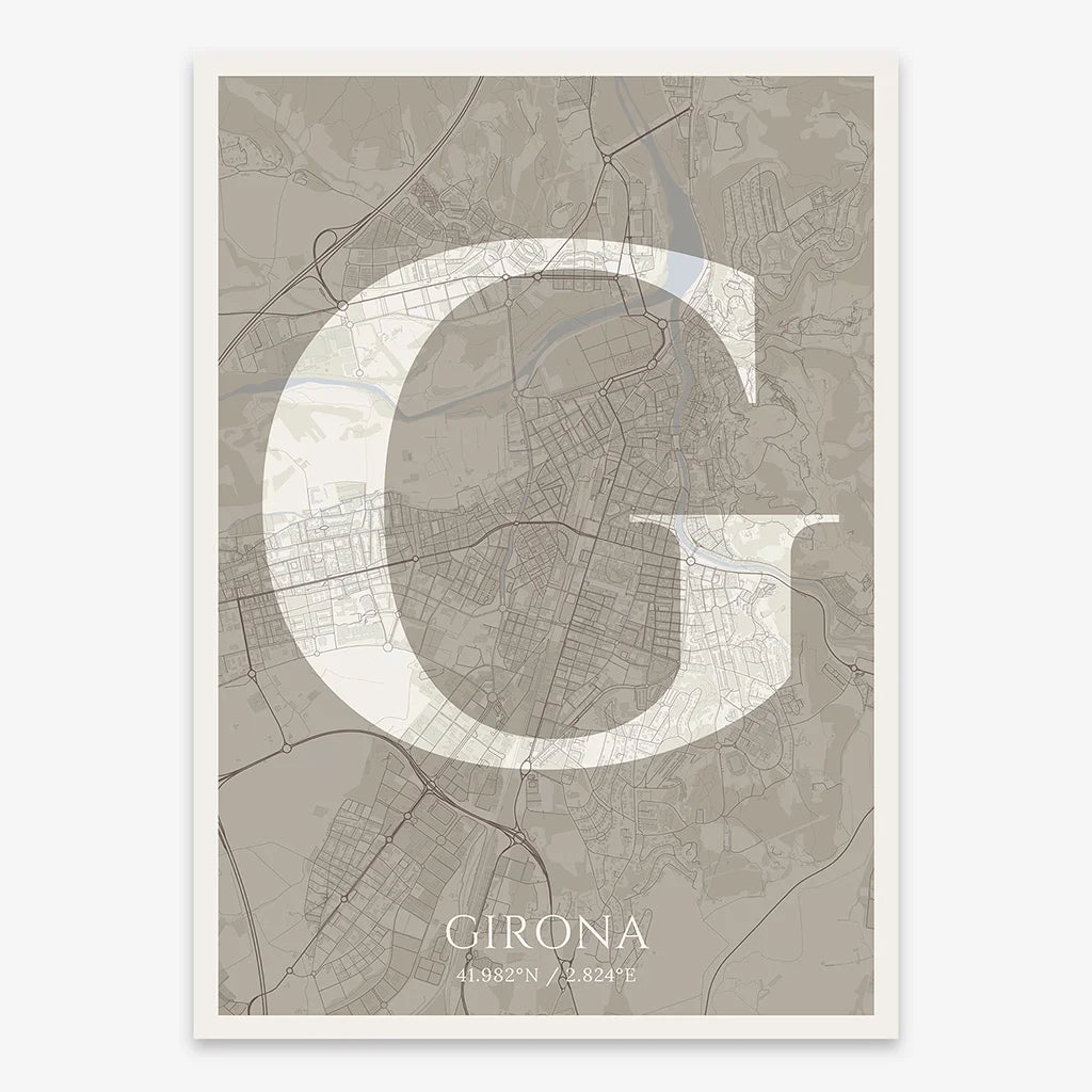 Decorative map of Girona composed with letters in serif font printed on light brown and an off-white background