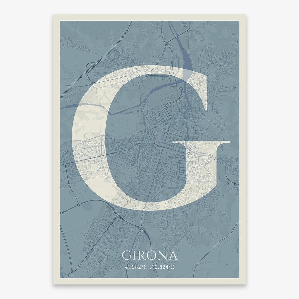 Decorative map of Girona composed with letters in serif font printed on bluish gray and an off-white background