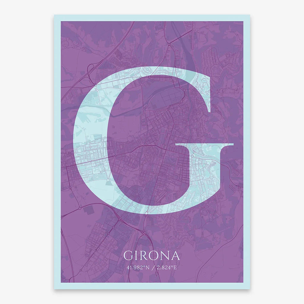 Decorative map of Girona composed with letters in serif font printed on purple and light blue