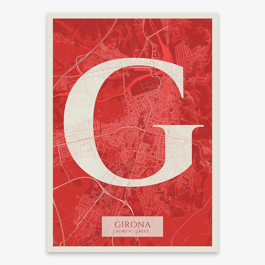 Decorative map of Girona composed with letters in serif font printed on red and an off-white background