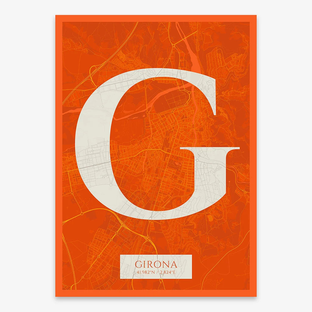 Decorative map of Girona composed with letters in serif font printed on orange and an off-white background