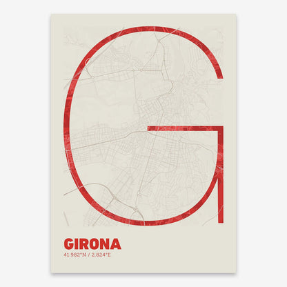 The map of Girona composed with letters in extra light font printed on red and an off-white background