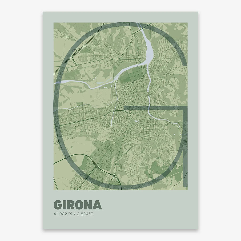 Poster of Girona composed with letters in extra light font printed on two green tones