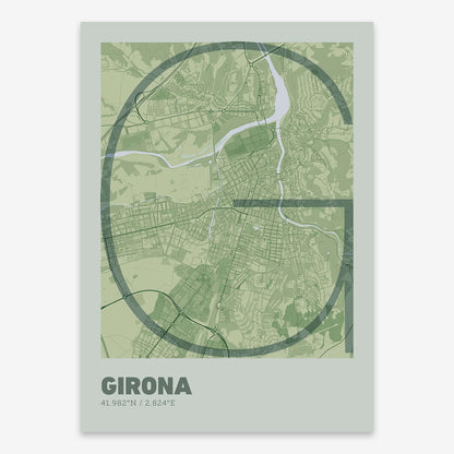 The map of Girona composed with letters in extra light font printed on two green tones