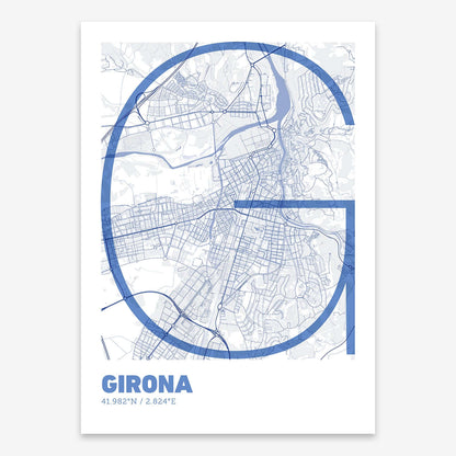 The map of Girona composed with letters in extra light font printed on navy blue and white