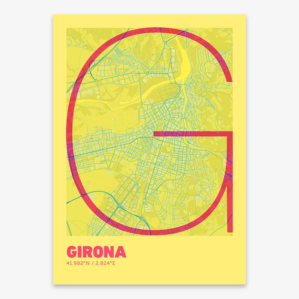 Poster of Girona composed with letters in extra light font printed on yellow and fuchsia