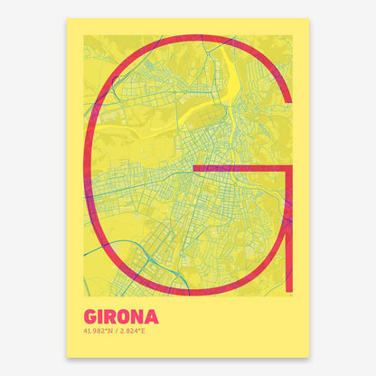 The map of Girona composed with letters in extra light font printed on yellow and fuchsia