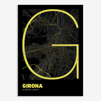 The map of Girona composed with letters in extra light font printed on black and yellow