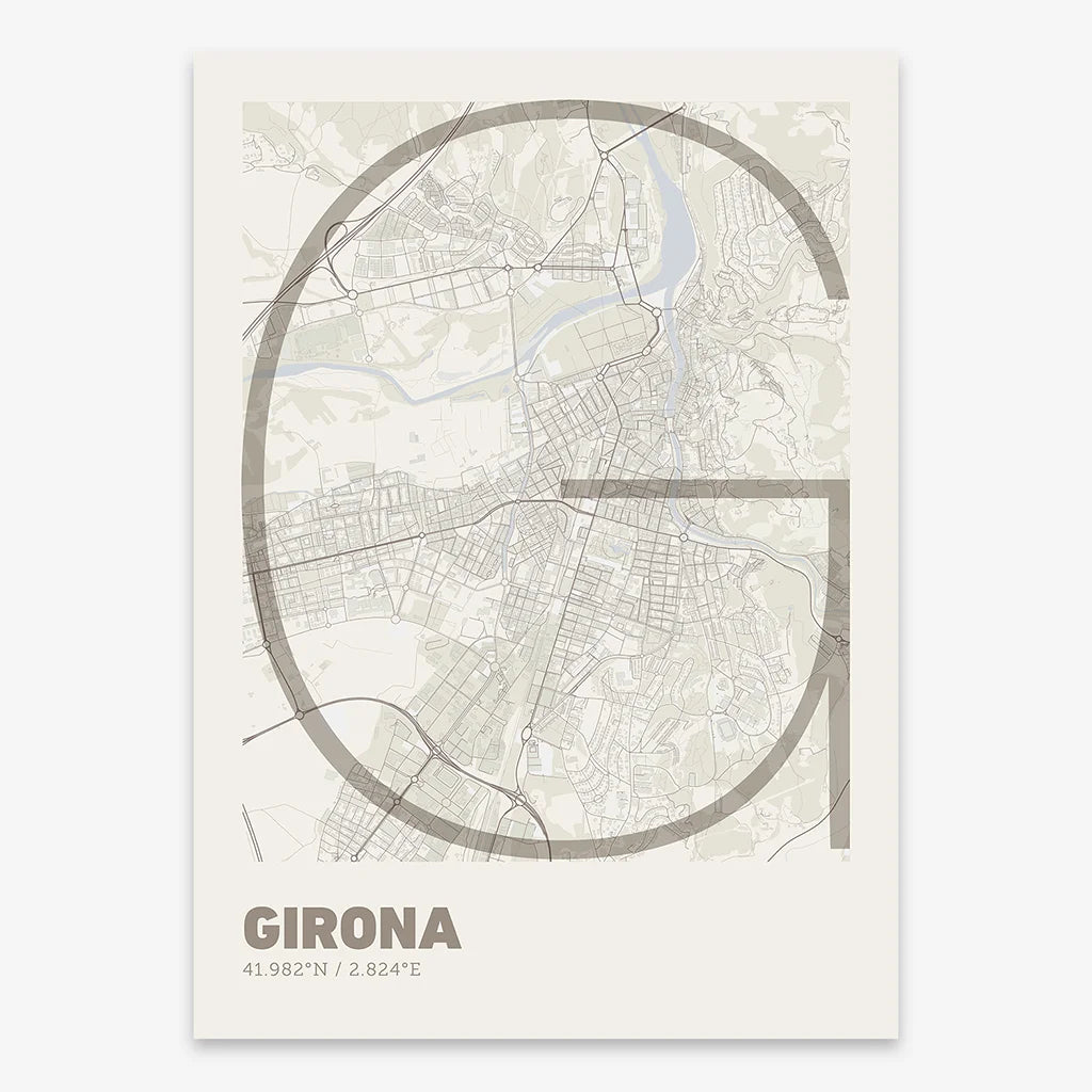 Poster of Girona composed with letters in extra light font printed on light brown and an off-white background