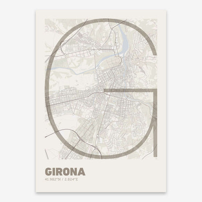 The map of Girona composed with letters in extra light font printed on light brown and an off-white background