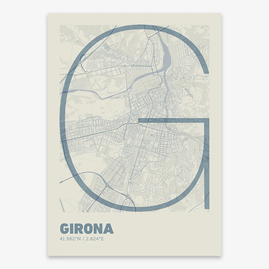 Poster of Girona composed with letters in extra light font printed on bluish gray and an off-white background