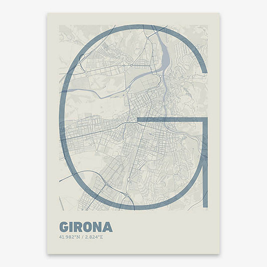 Poster of Girona composed with letters in extra light font printed on bluish gray and an off-white background