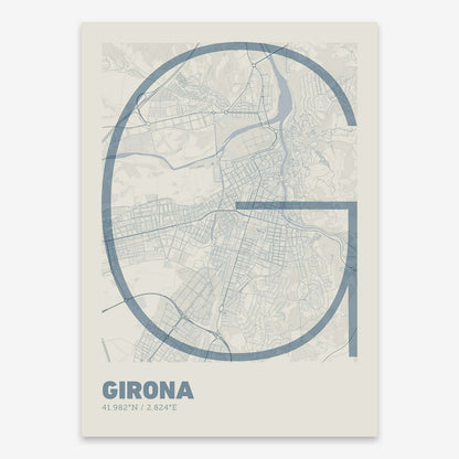The map of Girona composed with letters in extra light font printed on bluish gray and an off-white background