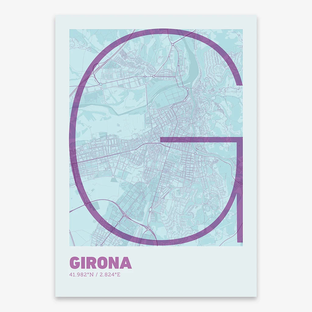 Poster of Girona composed with letters in extra light font printed on purple and light blue