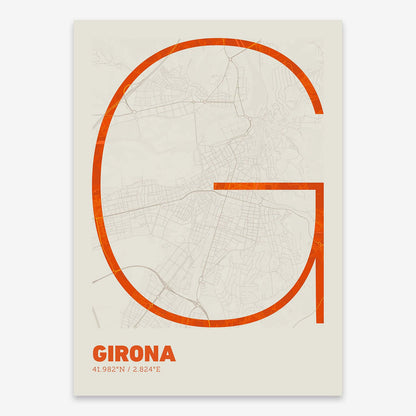 The map of Girona composed with letters in extra light font printed on orange and an off-white background