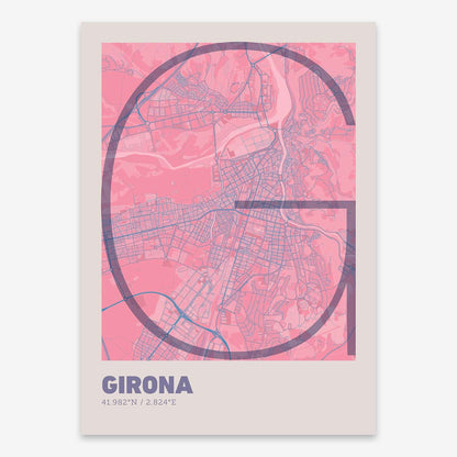 The map of Girona composed with letters in extra light font printed on violet y pink background