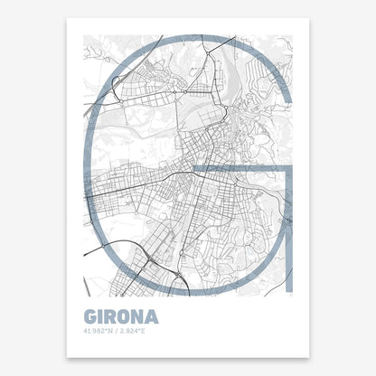 The map of Girona composed with letters in extra light font printed on black and white