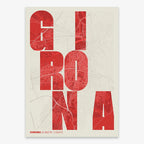 Decorative print of Girona with letters of its name placed randomly, designed in red and an off-white background