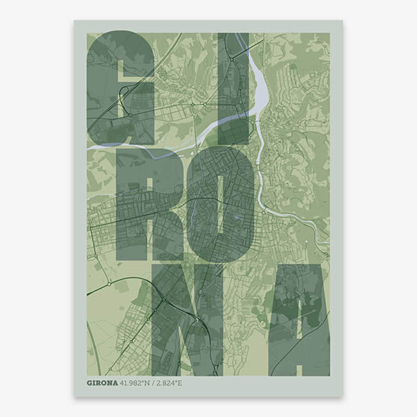Decorative print of Girona with letters of its name placed randomly, designed in two green tones