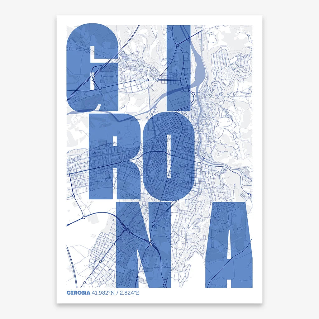 Decorative print of Girona with letters of its name placed randomly, designed in navy blue and white