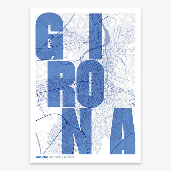 Decorative print of Girona with letters of its name placed randomly, designed in navy blue and white